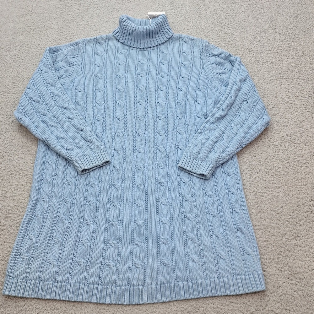 Lands End Sweater Womens 1X Light Blue Cable Knit Turtleneck Cotton Classic